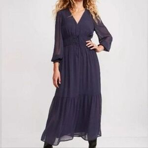 NWOT Old Navy Waist Defined Smocked Tie Front Maxi Dress Indigo Volcanic Glass M